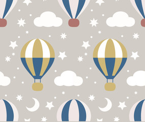 Seamless pattern with hot air balloons and clouds. Balloon in the sky. Pastel neutral shades. Cute baby background. Funny decor for nursery, textiles, clothing, packaging, interior.
