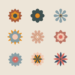 Abstract flowers, top view. Flat vector illustration on beige background, spring flora vector design
