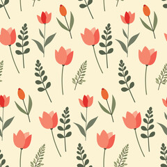 Tulip flower element and leaves. Cute floral ditsy leaf. Flowers seamless pattern. Texture for background, paper, scarf, card, fabric, wrapping, textile, wallpaper, phone case, wrapping.
