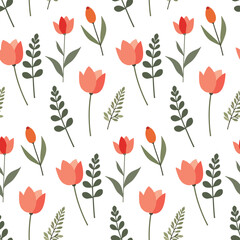 Tulip flower element and leaves. Cute floral ditsy leaf. Flowers seamless pattern. Texture for background, paper, scarf, card, fabric, wrapping, textile, wallpaper, phone case, wrapping.
