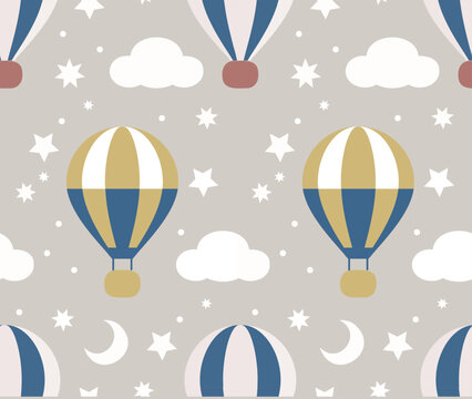 Seamless pattern with hot air balloons and clouds. Balloon in the sky. Pastel neutral shades. Cute baby background. Funny decor for nursery, textiles, clothing, packaging, interior.
