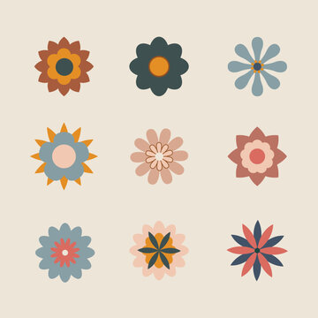 Abstract flowers, top view. Flat vector illustration on beige background, spring flora vector design
