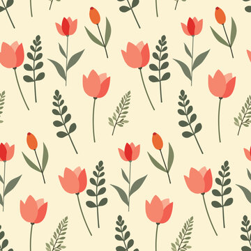Tulip flower element and leaves. Cute floral ditsy leaf. Flowers seamless pattern. Texture for background, paper, scarf, card, fabric, wrapping, textile, wallpaper, phone case, wrapping.
