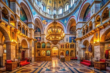 Fototapeta premium Panoramic Interior View of the Holy Sepulchre Church in Jerusalem