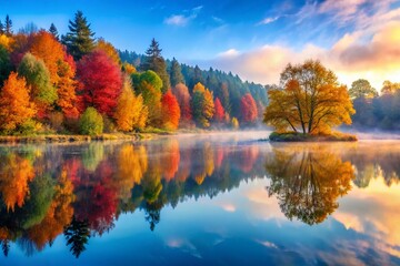 Panoramic Lake Reflection: Serene Autumn Treescape at Dawn