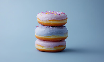 Colorful donuts stacked on a light blue surface with vibrant sprinkles for dessert lovers