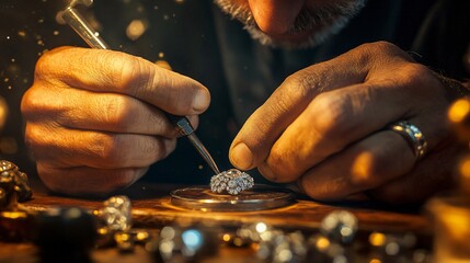 Craftsman working on intricate jewelry design in a warm workshop for artisan promotions.

