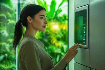 Woman using a smart oven's touchscreen interface in a modern kitchen setting.