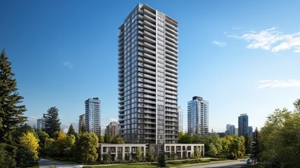 Fototapeta premium Modern Highrise Apartment Building Amidst Lush Greenery