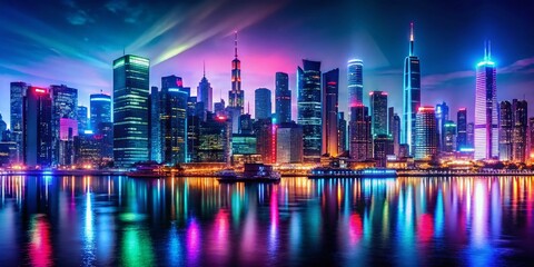 Panoramic Neon Cityscape: Vibrant Night Background with Text Space