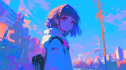 Fototapeta premium Anime city pop scene featuring characters engaged in an online competition, bold outlines, solid colors, geometric shapes, vibrant neon palette, capturing a lively urban atmosphere.