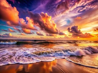 Fototapeta premium Panoramic Ocean Vista: Dramatic Waves Crashing on a Sandy Shore at Sunset