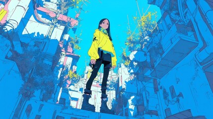 Vibrant City Pop Anime Illustrations, original comic or webtoon featuring bold black outlines, simple colors, geometric design, cool neon-lit color palette.