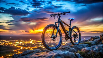 Obraz premium Electric Mountain Bike Sunset Cliff Bokeh - Neon Blue Tire Lights