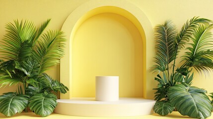 Yellow Archway Display with Tropical Plants and Platform