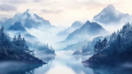 Misty Tranquil Lake Surrounded by Lush Green Trees and Majestic Mountains in the Background Creating a Serene Atmosphere Perfect for Nature Lovers and Outdoor Adventure Enthusiasts