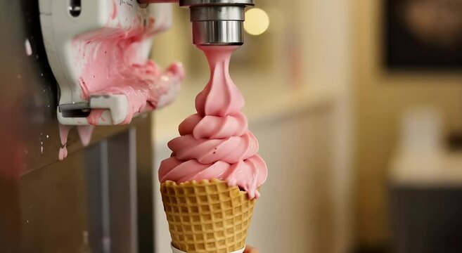 Soft Serve Ice Cream Machine Dispensing Pink Strawberry Ice Cream into Waffle Cone