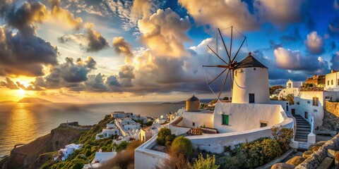 Fototapeta premium Panoramic Santorini: Ancient Windmill & Akrotiri Caldera View