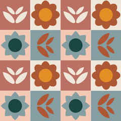 Modern geometric pattern with flowers in grid. Retro flower pattern in Scandinavian style.
