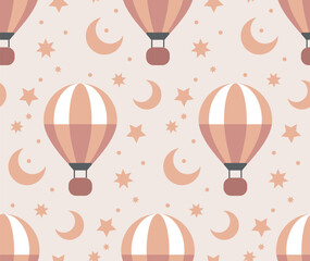 Seamless pattern with hot air balloons and clouds. Balloon in the sky. Pastel neutral shades. Cute baby background. Funny decor for nursery, textiles, clothing, packaging, interior.
