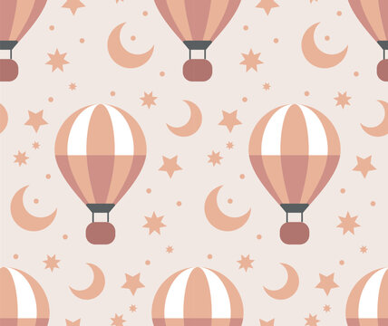 Seamless pattern with hot air balloons and clouds. Balloon in the sky. Pastel neutral shades. Cute baby background. Funny decor for nursery, textiles, clothing, packaging, interior.

