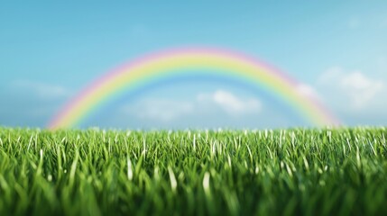 Naklejka premium Vibrant grassy field under a colorful rainbow