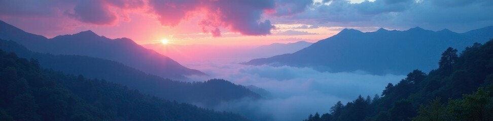 Obraz premium Galactic light shines through misty mountain fog, mountains, mystical