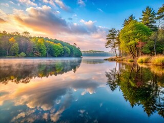 Obraz premium Panoramic Spring Fog Over Little Swartswood Lake, New Jersey