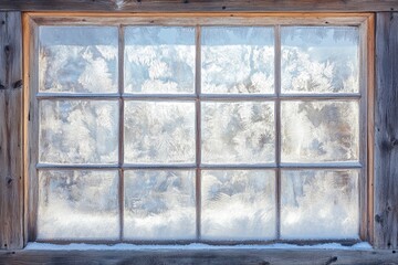 Frost covered rustic window panes, winter wonderland scene, icy crystals on glass.