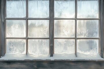 Frozen window panes with ice crystals and snow, winter scene.