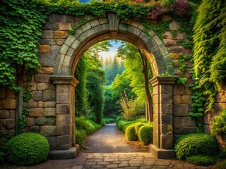 Elegant Stone Archway Portal Entrance, Copy Space, Left Composition