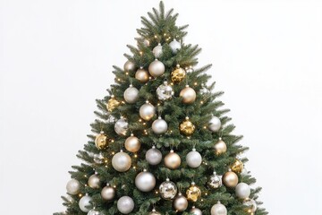A beautifully decorated Christmas tree with gold and silver ornaments, sparkling lights, against a white background.