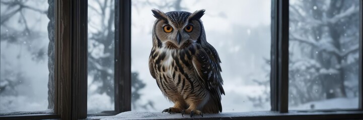Fototapeta premium A large owl stands proudly in front of a frosted windowpane, gazing out at the snow-covered landscape , nature scenes, animal photography