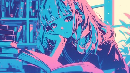 Anime-inspired book club gathering in a vibrant city, featuring bold outlines, solid colors, and a cool neon palette, celebrating young adult literature with a pop art flair.