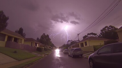 Obraz premium Lightning Strike Over Suburban Street at Night