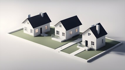 3D rendering of three minimalist white houses with dark roofs on a green lot, ideal for real estate or architectural concepts.