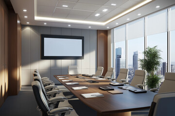 A corporate boardroom where employees discuss work on multiple devices