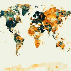 Abstract world map in teal and orange hues.