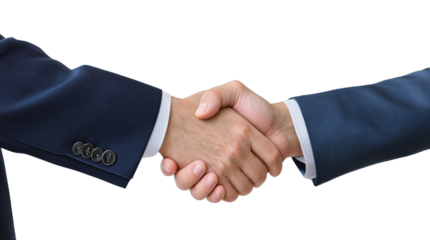Two individuals shaking hands, both in formal suits, isolated on a white background. Symbol of agreement, partnership, and professionalism. Ai generative