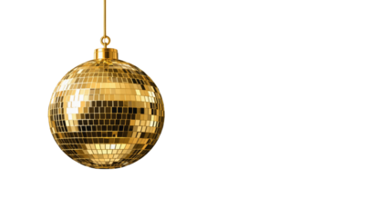Shiny golden disco ball with reflective tiles hanging on a thin string, isolated on a clean white background. Party decoration concept. Ai generative