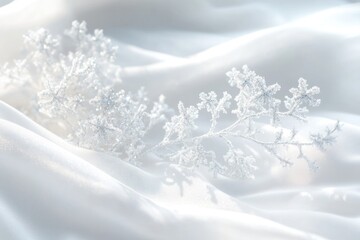 Fototapeta premium Delicate silver snowflake branch on white fabric, winter wonderland scene.