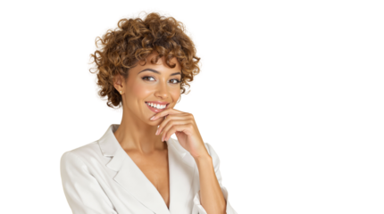 A smiling woman with curly hair in a white outfit, posed against a white background. Closeup image concept of elegance and confidence. Ai generative