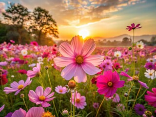 Fototapeta premium Panoramic View of Cosmos Flowers Blooming in a Vibrant Garden at Sunset