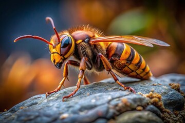 European Hornet Vespa Crabro Insect Macro Closeup on Stone Rock Nature Wildlife Photography