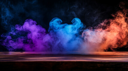 Fototapeta premium Abstract Colorful Smoke Swirls on Dark Wooden Surface
