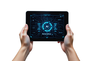 Hands holding a tablet showing a futuristic AI generative interface with circuits, isolated on a white background. Concept of technology and innovation