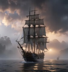 Fototapeta premium A majestic tall ship sails through the misty veil of a foggy morning with a dark and foreboding sky above it, darkening sky, nautical