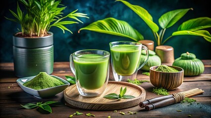 Panoramic View of Fresh Matcha Green Tea Drinks and Tea Leaves