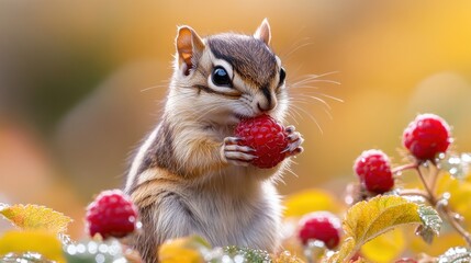 Adorable chipmunk enjoying a juicy raspberry in autumnal foliage.