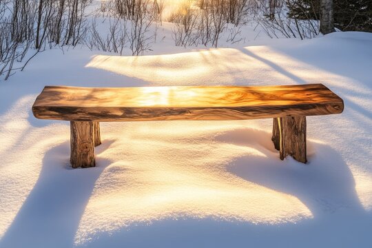 A rustic wooden bench sits in a snowy winter landscape, bathed in the warm glow of the setting sun.